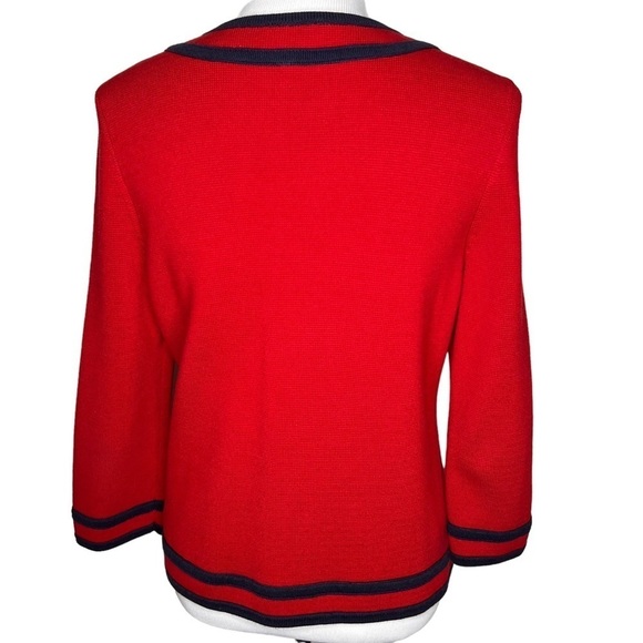 Talbots Cardigan Sweater Red Navy Trim 3/4 Sleeve Pockets Heavy Knit Size Med P - Picture 2 of 12